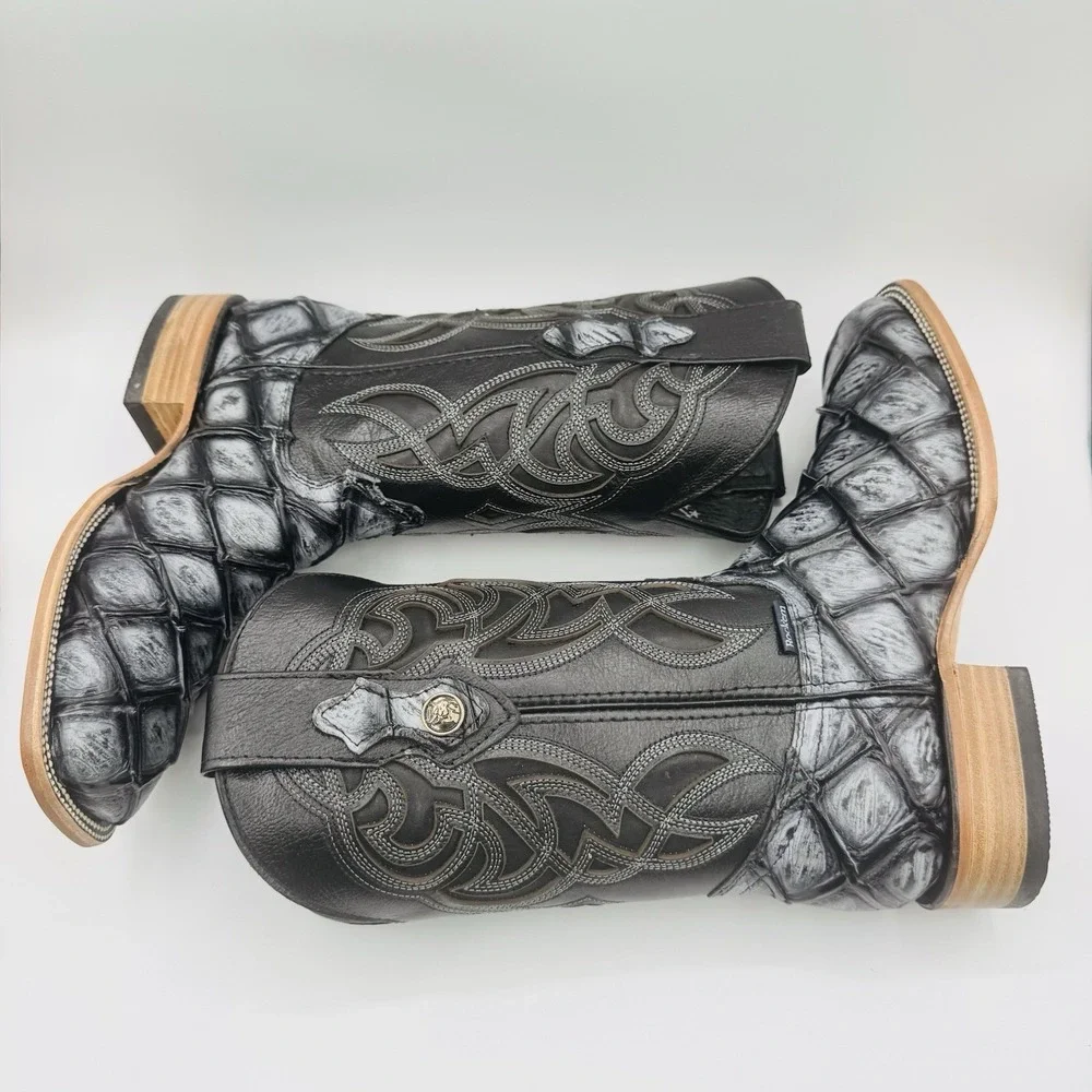 Rock'em Big Bass Print Boots Men's Size 7.5 EE‎ Black Leather  Square Toe